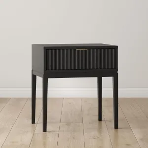 Nathan James Jasper Boho Side Table, Solid Wood Bedroom Nightstand or Bedside Table with Drawer with Fluted Doors and Brass Handles, Black