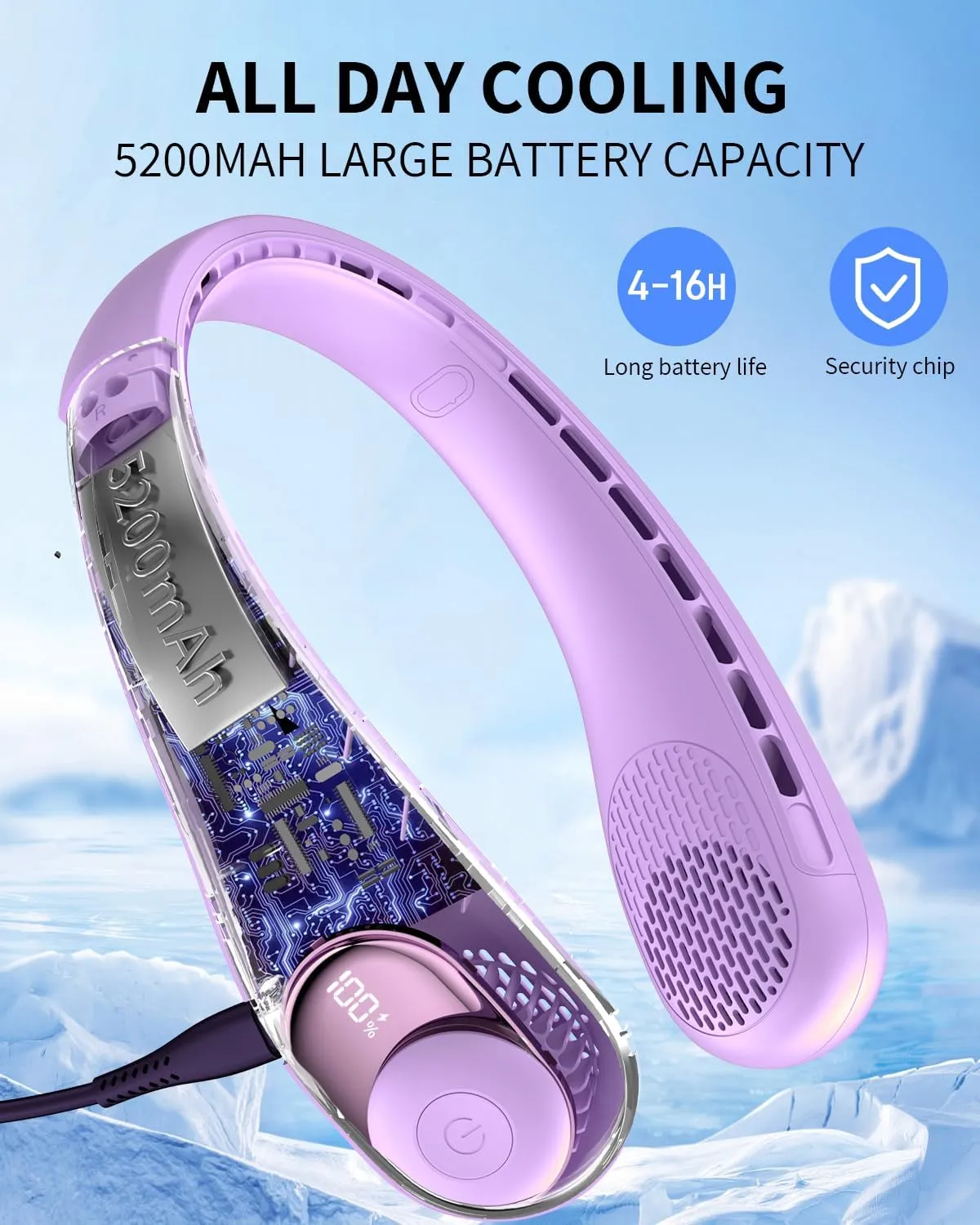 Neck Fan, Personal Fan with LED Indicator, USB-C Charging, Long-Lasting 5200mAh Battery, Hands Free Bladeless Fan with 3 Adjustable Speeds & Ultra-Quiet, Ideal for Home, Travel & Outdoor