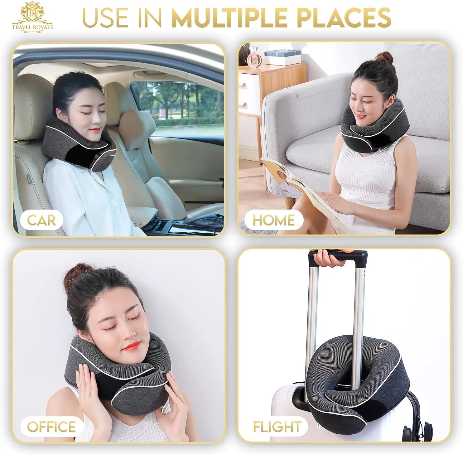 Neck Pillow Head, Chin, Neck 360° Support Pillow Adjustable 100% Pure Memory Foam Pillow for Airplanes, Car & Home, Ergonomic Design Full Neck Surround Bundle Eyecover & Earplugs (Black)