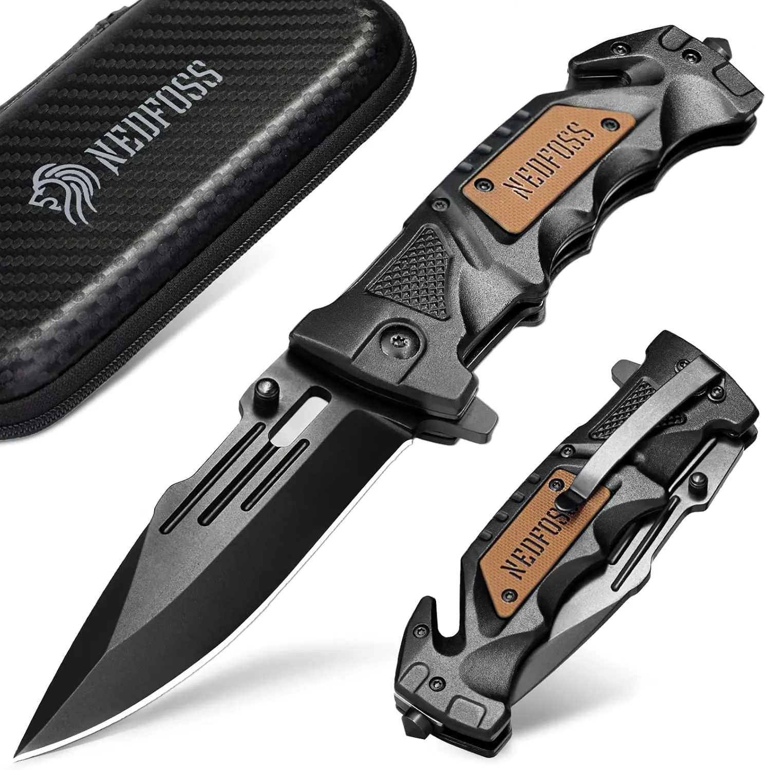 NedFoss Pocket Folding Knife DA75 Mini, 3 in 1 Pocket Knife for Men, Survival Knife with Liner-Lock Belt Clip, Seat Belt Cutter, Glass Breaker, Hunting knife for Camping Hiking