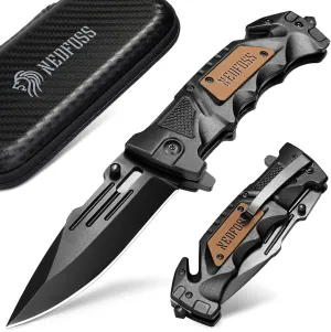 NedFoss Pocket Folding Knife DA75 Mini, 3 in 1 Pocket Knife for Men, Survival Knife with Liner-Lock Belt Clip, Seat Belt Cutter, Glass Breaker, Hunting knife for Camping Hiking