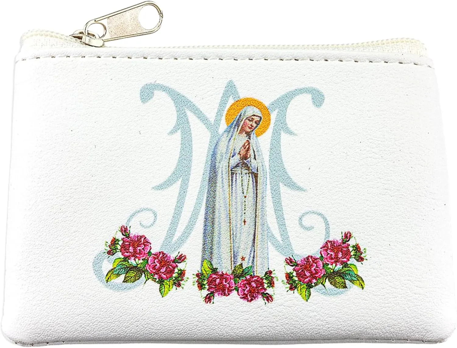 Needzo Our Lady of Fatima White Leatherette Rosary Pouch with Zipper Closure, Neutral Travel Cases and Pouches for Rosaries, 3.25 Inches