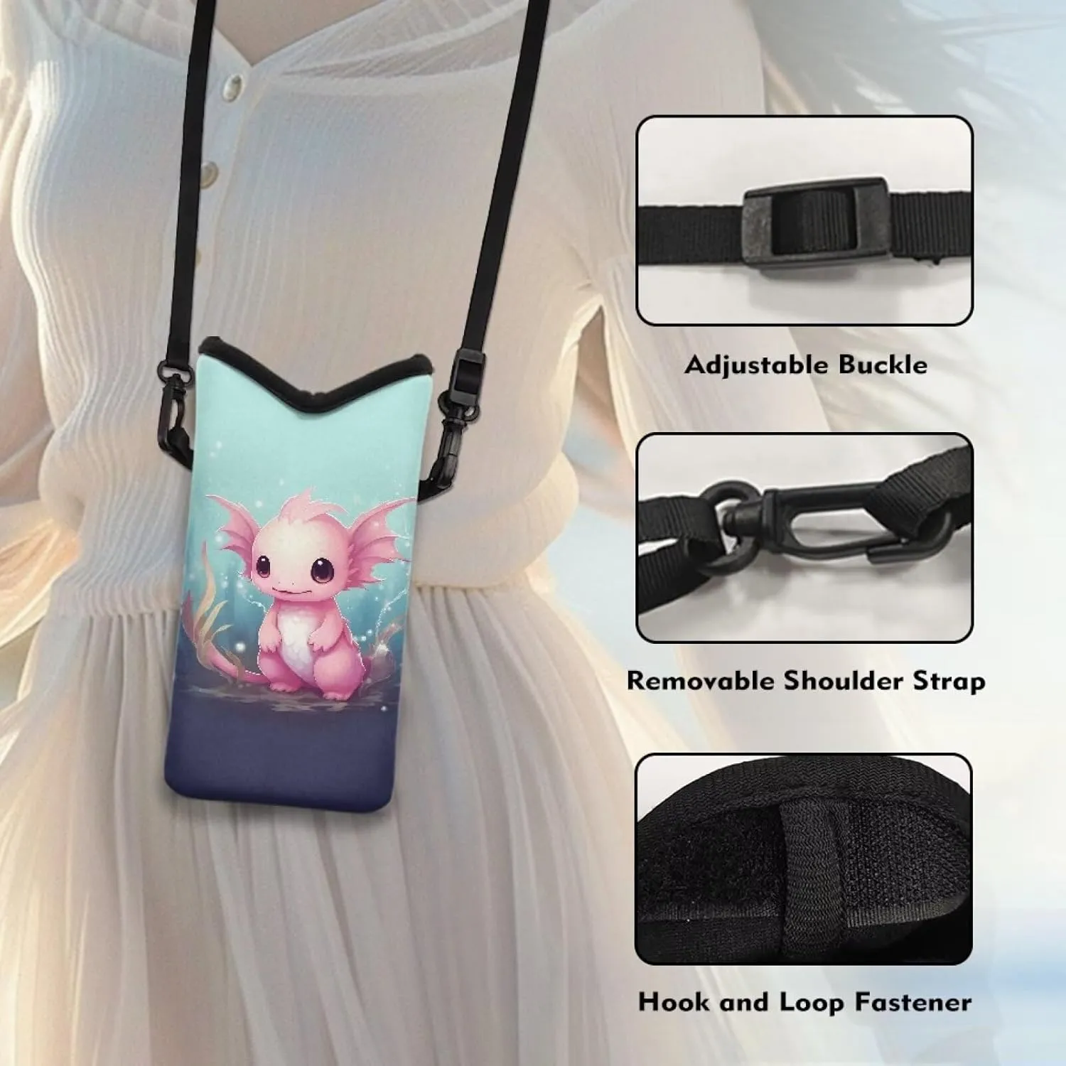 Neoprene Phone Bag Adjustable Crossbody Strap Mobile Protection Case Hook and Loop Fastener Phone Bag, 4 X 8 Inch