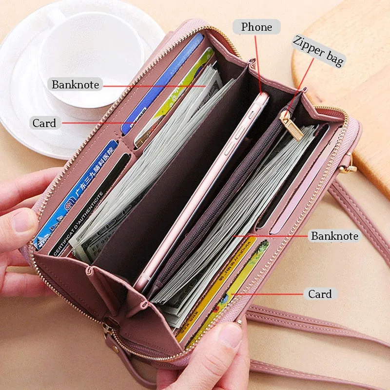 New Female Wallets Women Zipper Purses Lady Long Hasp Purses 5.5Inch Phone Pocket Female Strap Clutch Coin Card Holders