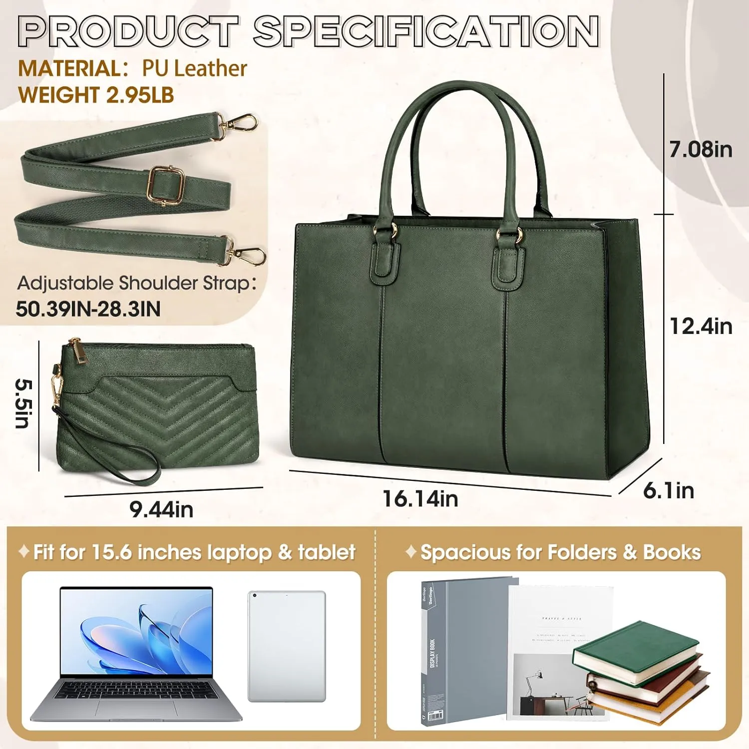 NEWHEY Laptop Bag for Women 15.6 Inch Work Tote Bags Leather Computer Bag with Clutch Purse Professional Office Briefcase Waterproof Handbag for Business Travel College, Dark Green