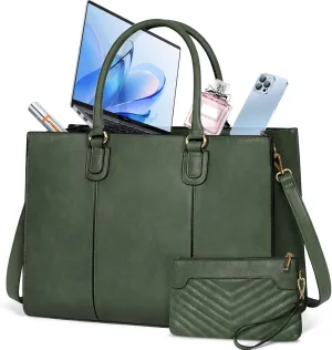 NEWHEY Laptop Bag for Women 15.6 Inch Work Tote Bags Leather Computer Bag with Clutch Purse Professional Office Briefcase Waterproof Handbag for Business Travel College, Dark Green