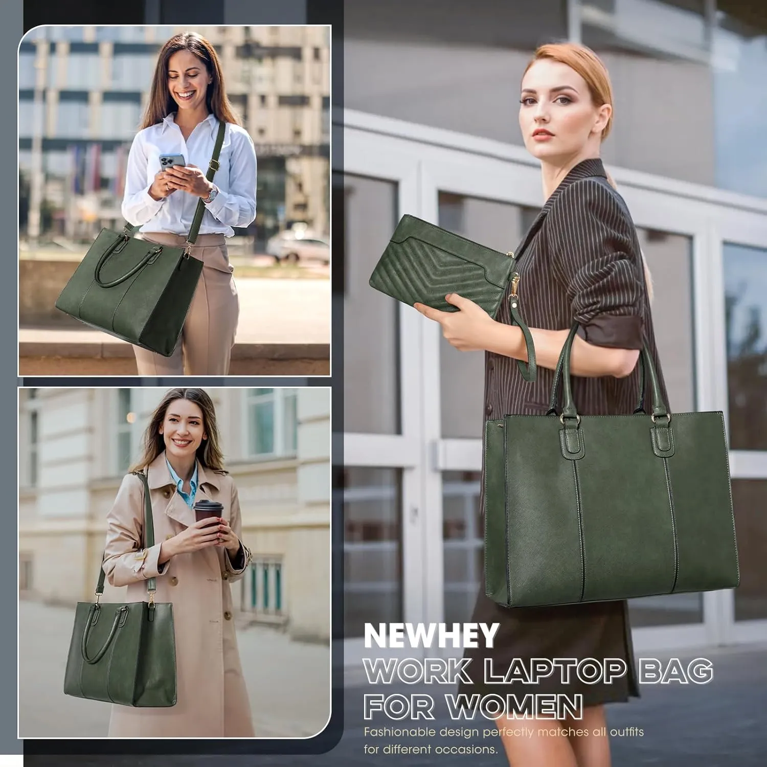 NEWHEY Laptop Bag for Women 15.6 Inch Work Tote Bags Leather Computer Bag with Clutch Purse Professional Office Briefcase Waterproof Handbag for Business Travel College, Dark Green