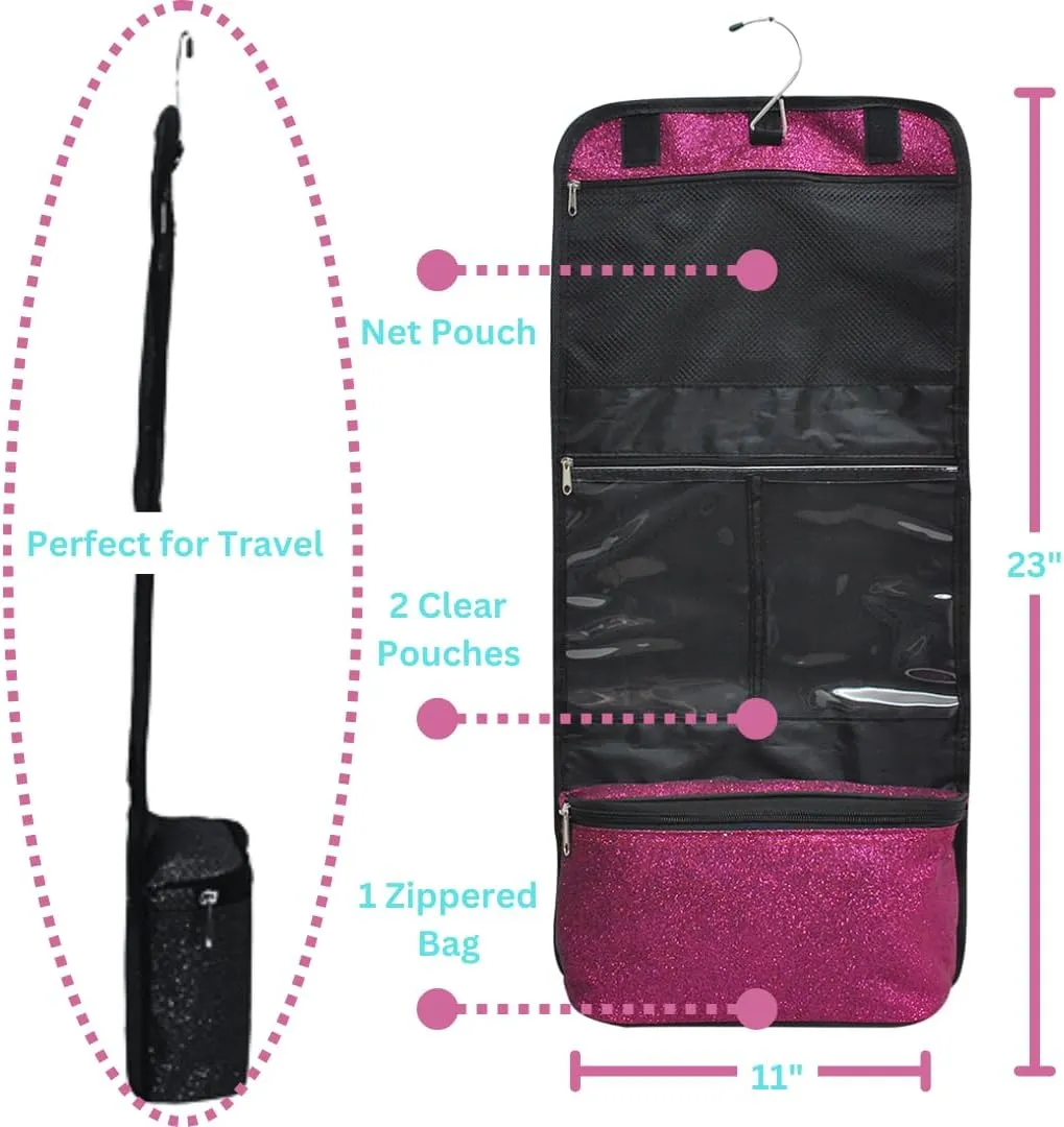 NGIL Glitter Travel Hanging Toiletry Bag for Cheerleaders and Dance Teams, Toiletry Organizer and Toiletry Bag for Women, Cosmetic Travel Bag(Glitter-Hot Pink)