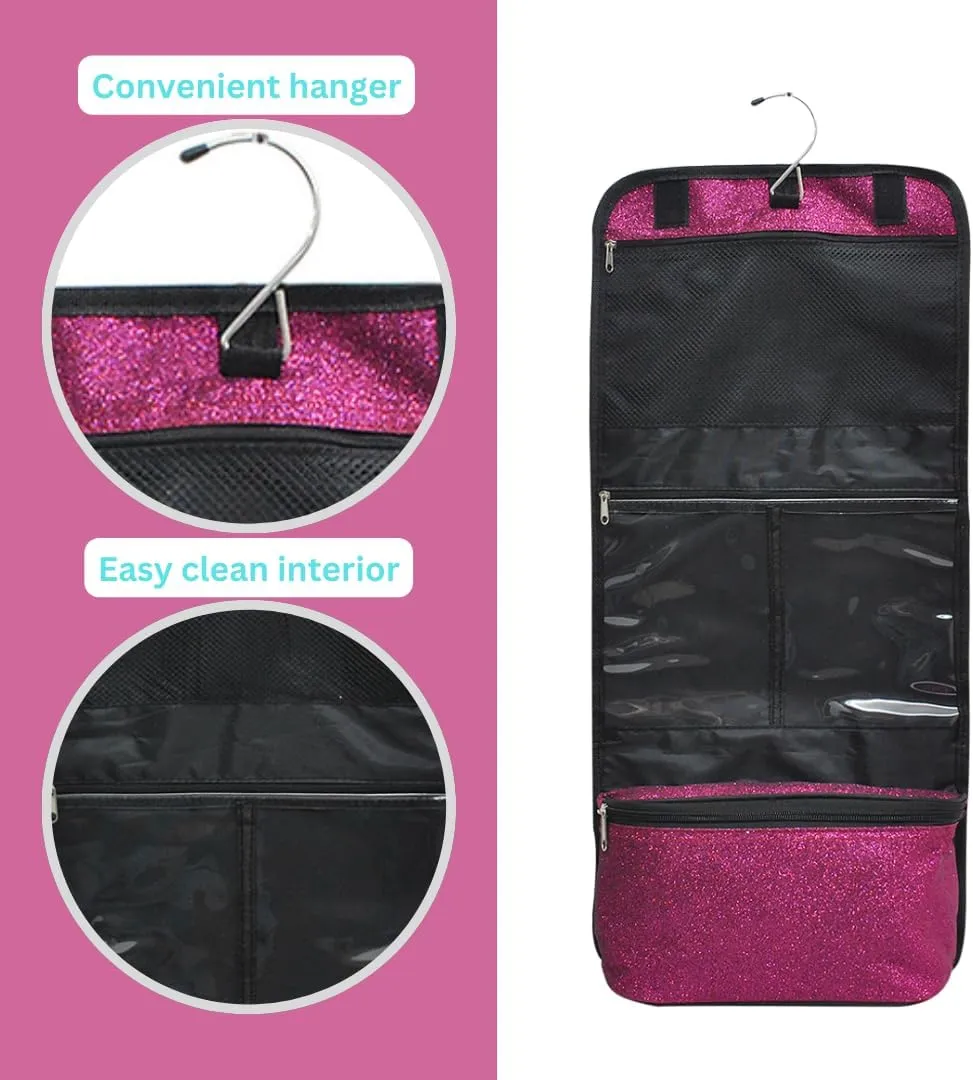 NGIL Glitter Travel Hanging Toiletry Bag for Cheerleaders and Dance Teams, Toiletry Organizer and Toiletry Bag for Women, Cosmetic Travel Bag(Glitter-Hot Pink)