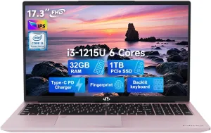 NIMO 17.3" IPS FHD-Business-Laptop, Intel 6 Core i3-1215U 32GB RAM 1TB SSD (Beat i5-1135G7, Up to 4.4GHz) Laptop-Computer with Fingerprint Backlit Keyboard 65W Type C Wi-Fi 6 Numpad Win 11