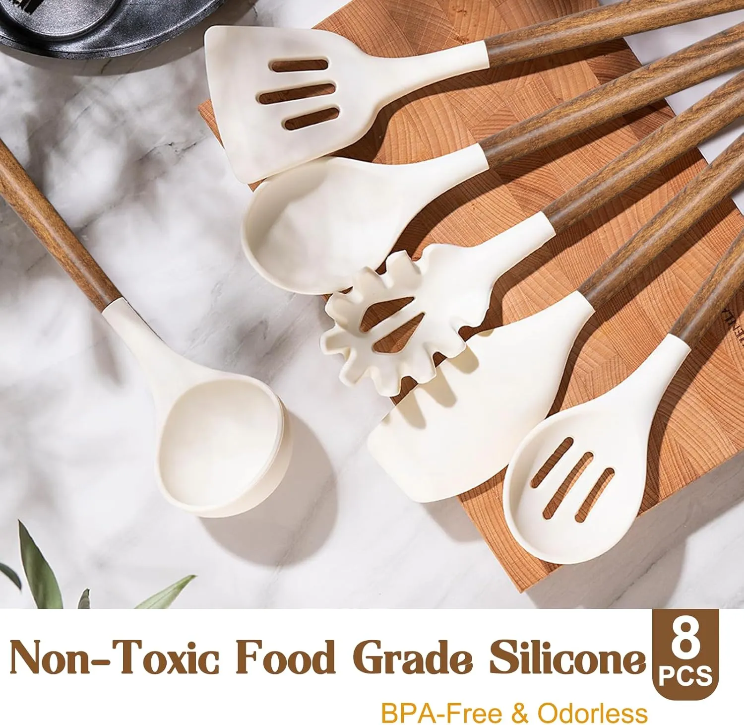 Non-Stick Silicone Kitchen Utensils Set with Natural Acacia Hard Wood Handle, Umite Chef 8 Pieces Kitchen Spatulas set, White, BPA Free, Baking, Serving and Cooking Utensils