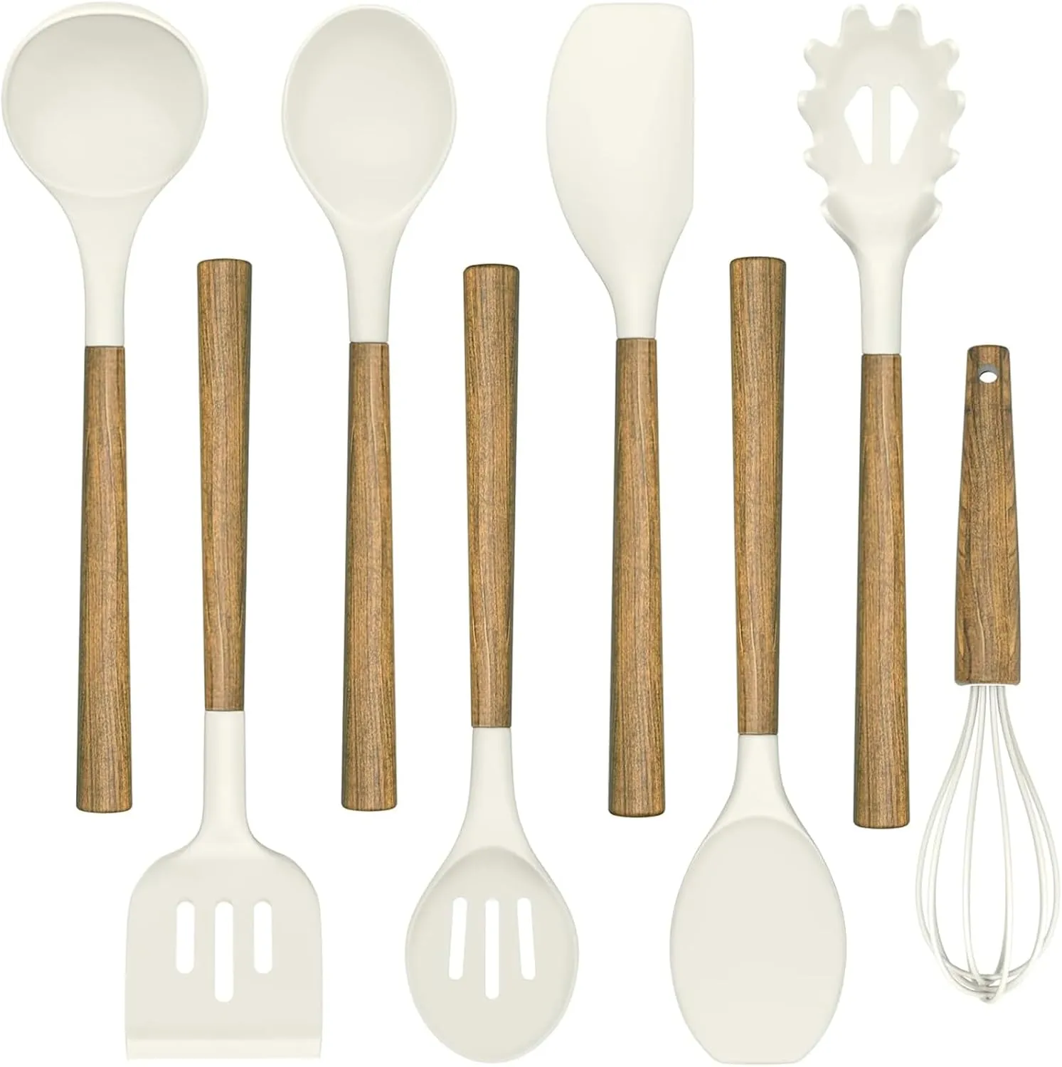 Non-Stick Silicone Kitchen Utensils Set with Natural Acacia Hard Wood Handle, Umite Chef 8 Pieces Kitchen Spatulas set, White, BPA Free, Baking, Serving and Cooking Utensils