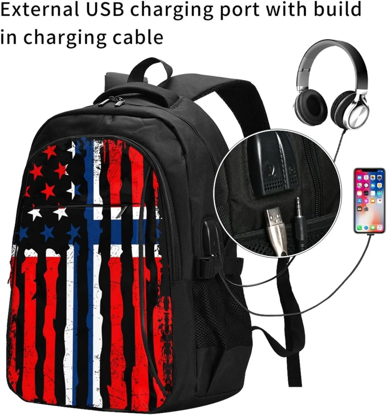 Norwegian American Flag Norway Root Business Laptop Backpack Travel Backpacks Outdoor Rucksack Large Bag Daypack with USB Charging Port Multi-Pocket for Hiking Camping