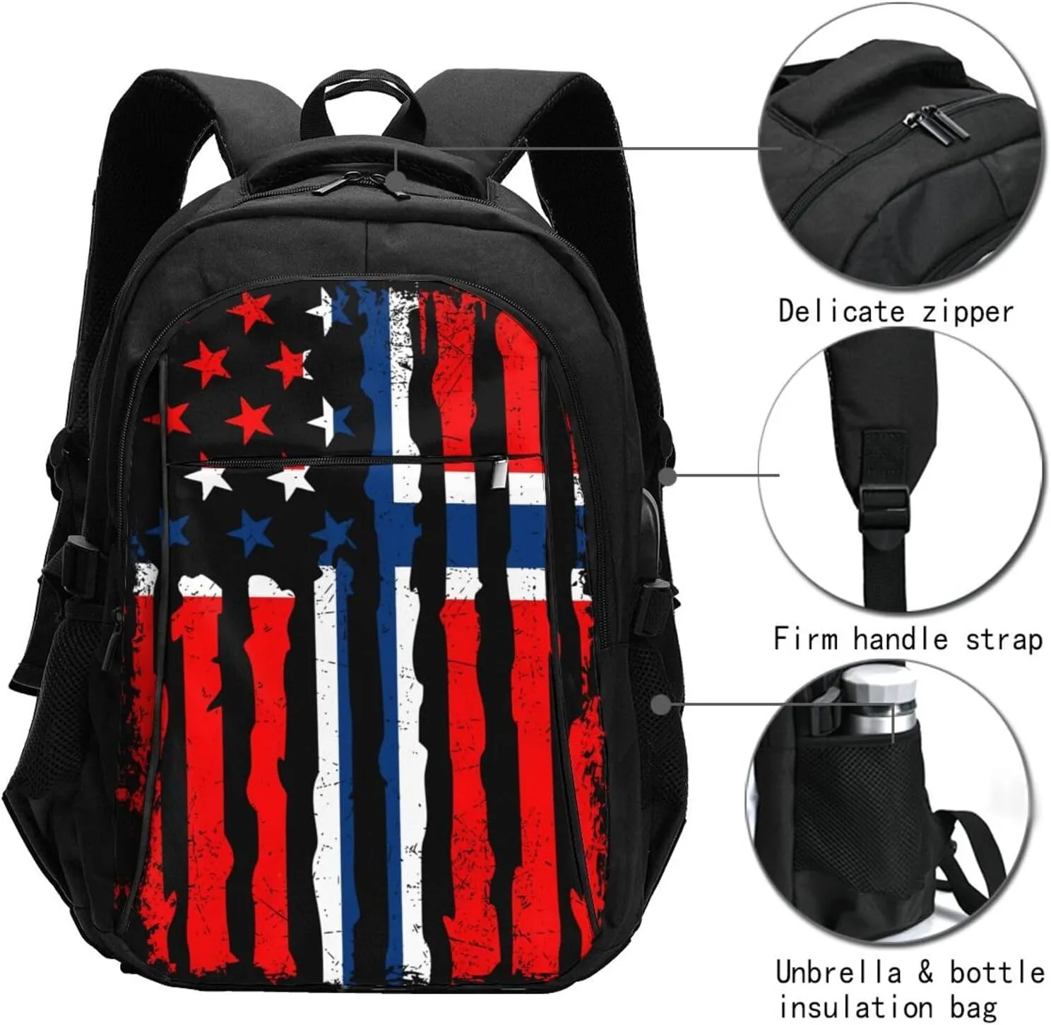 Norwegian American Flag Norway Root Business Laptop Backpack Travel Backpacks Outdoor Rucksack Large Bag Daypack with USB Charging Port Multi-Pocket for Hiking Camping