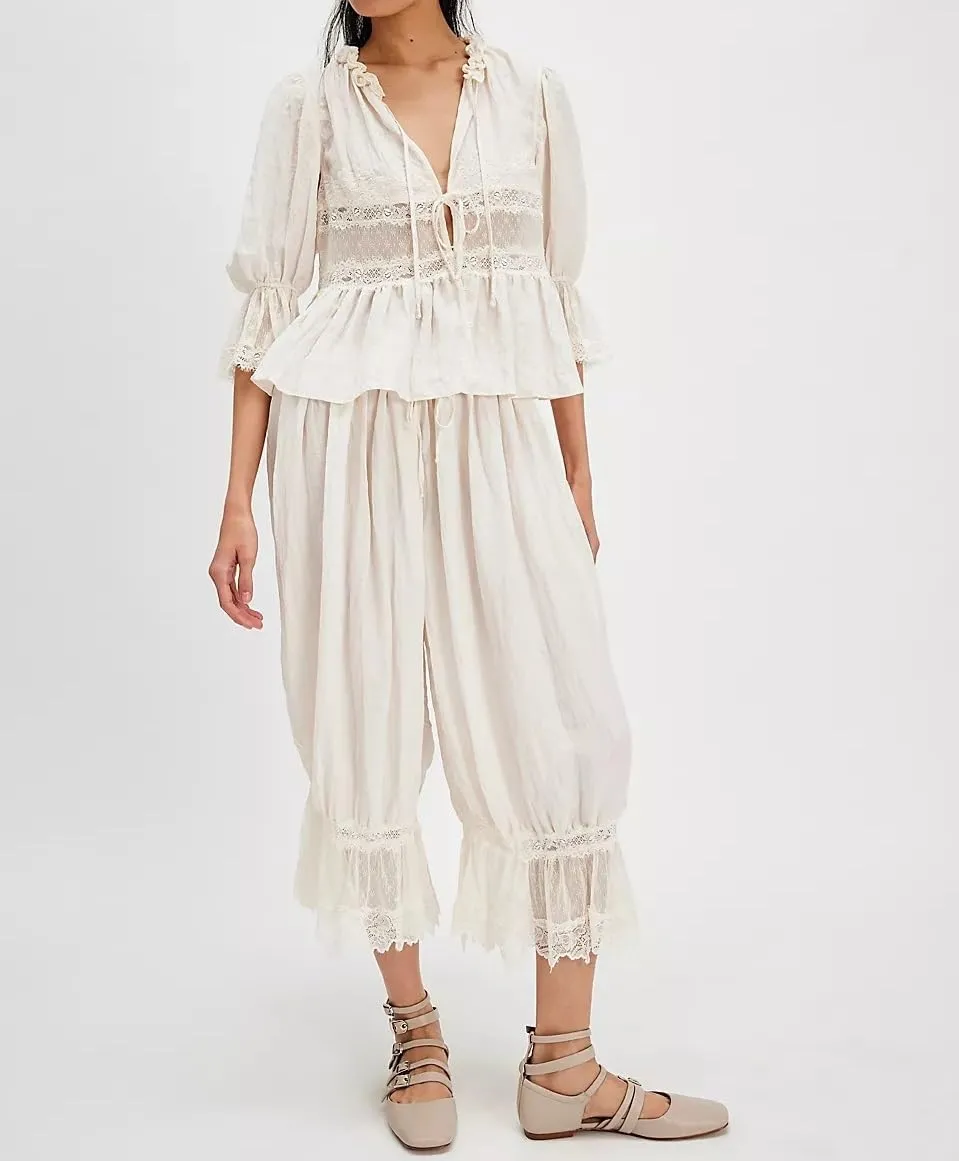 NUFIWI Women Ruffle Long Bloomer Y2k Lace Trim Pettipants Pantaloons Mid Rise Cropped Pajama Pants Under Dress Slips