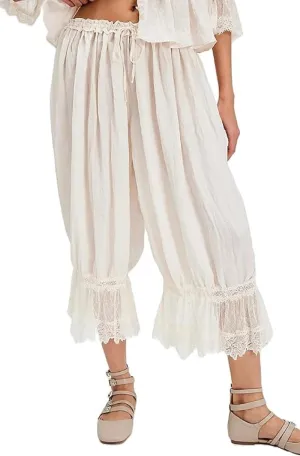 NUFIWI Women Ruffle Long Bloomer Y2k Lace Trim Pettipants Pantaloons Mid Rise Cropped Pajama Pants Under Dress Slips