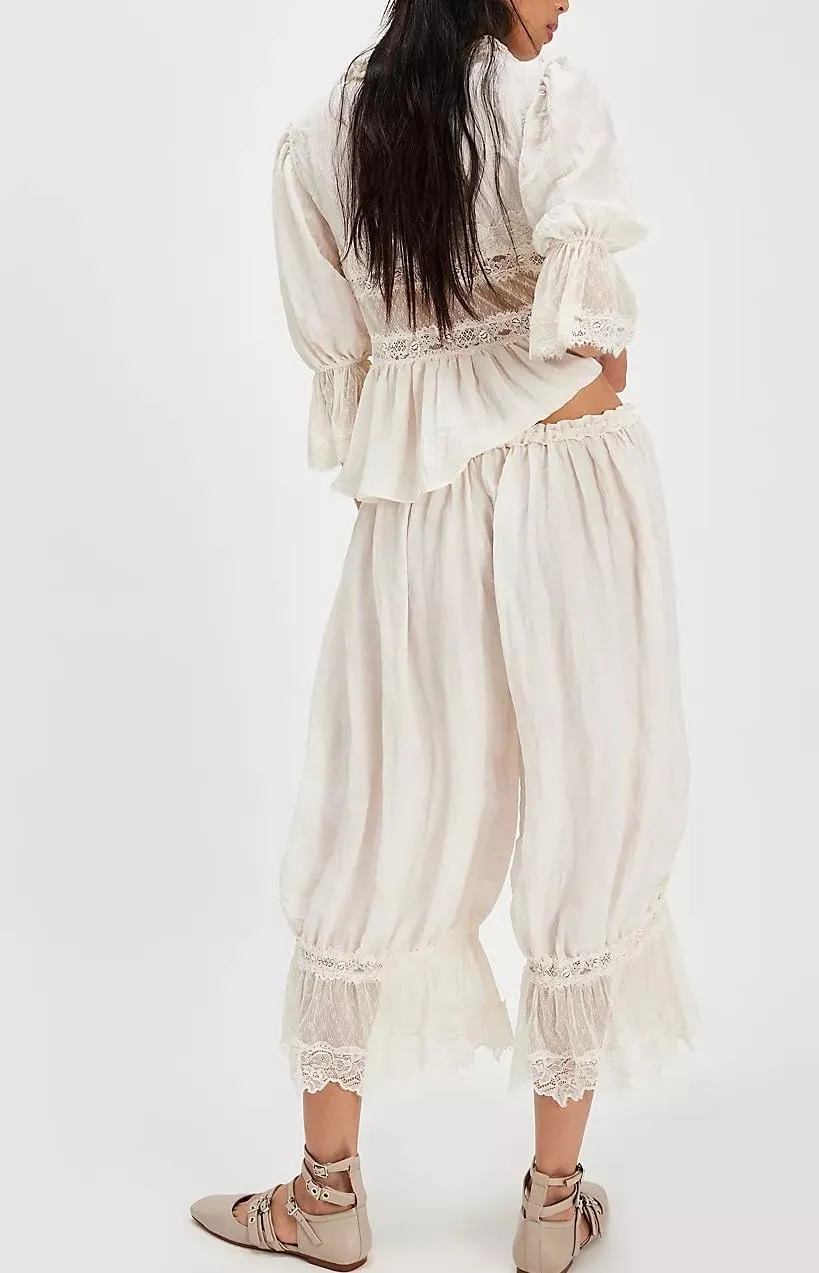 NUFIWI Women Ruffle Long Bloomer Y2k Lace Trim Pettipants Pantaloons Mid Rise Cropped Pajama Pants Under Dress Slips