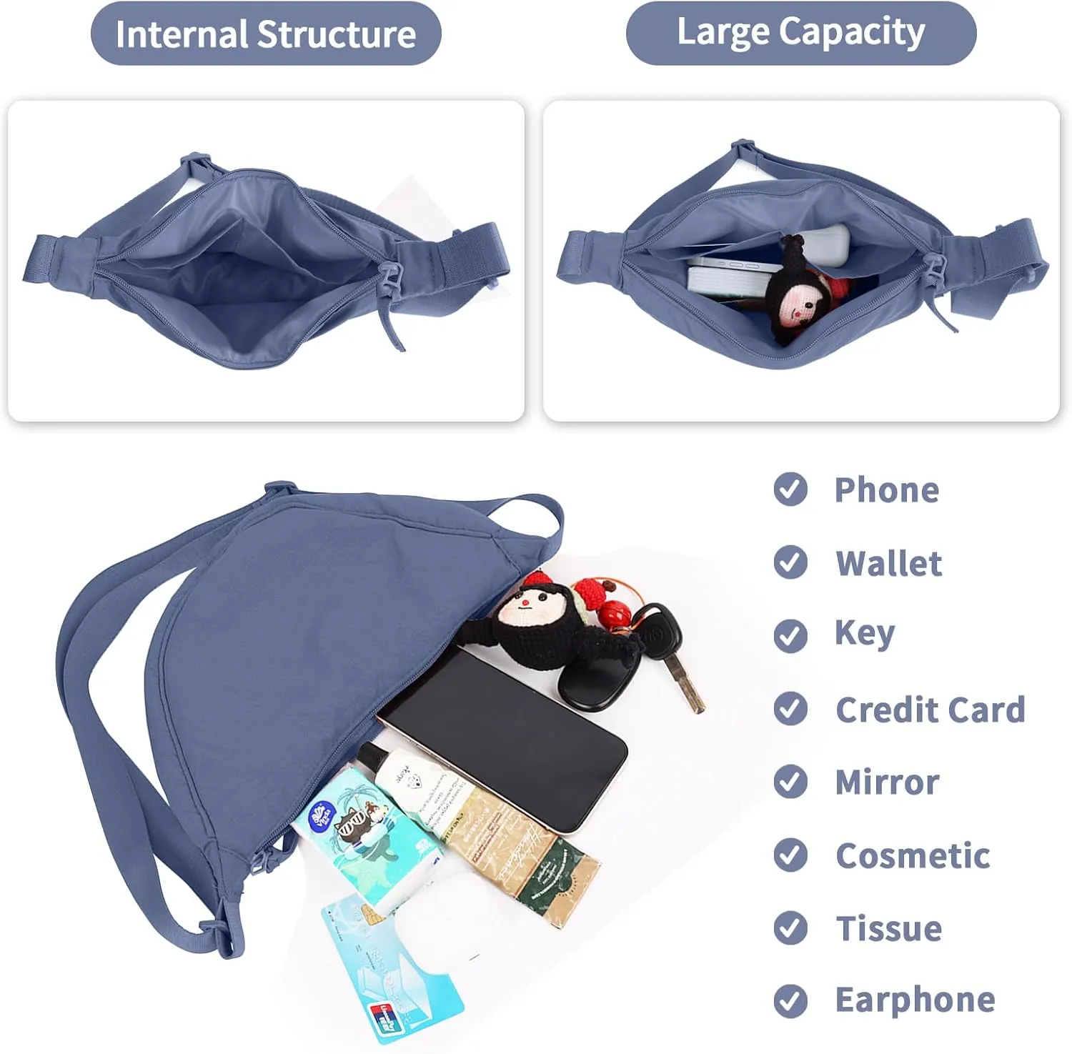 Nylon Crescent Crossbody Bag for Women Purses Trendy Men,Small Travel Sling Bag Hobo