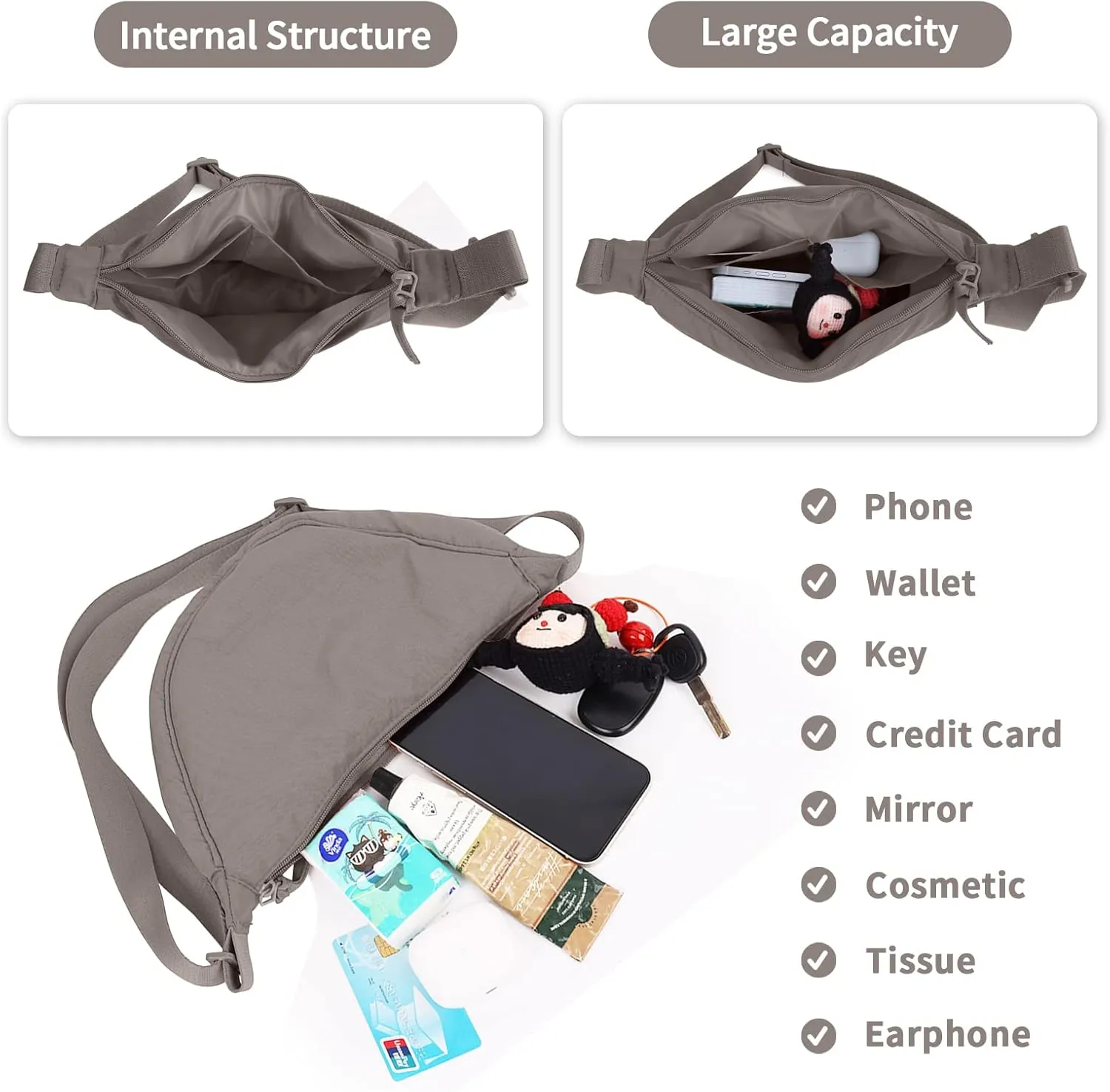 Nylon Crescent Crossbody Bag for Women Purses Trendy Men,Small Travel Sling Bag Hobo