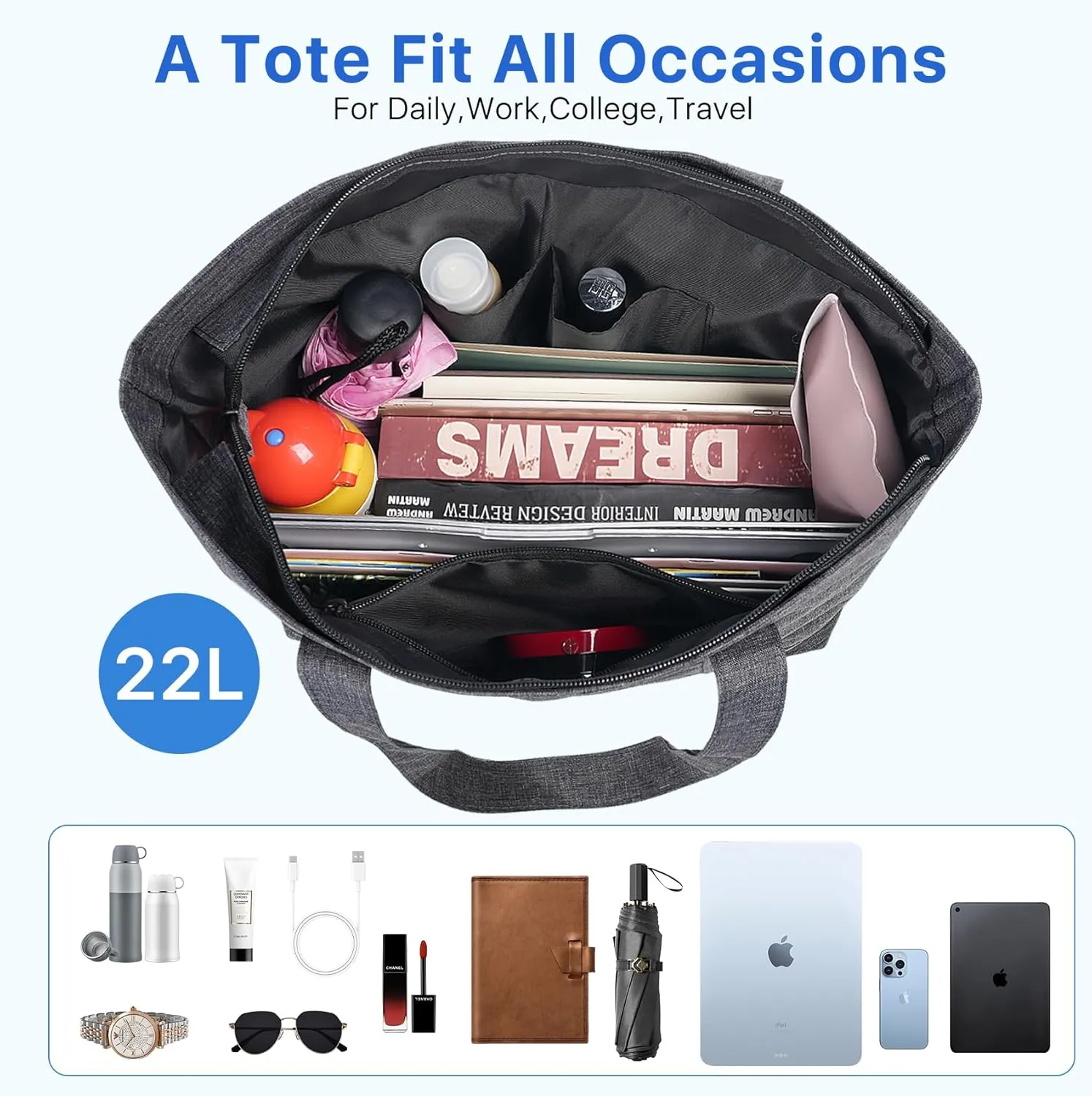 Nylon Tote Bag for Women Large Capacity Shoulder Bag Top Handle Handbag with Zipper for Work College Travel Daily