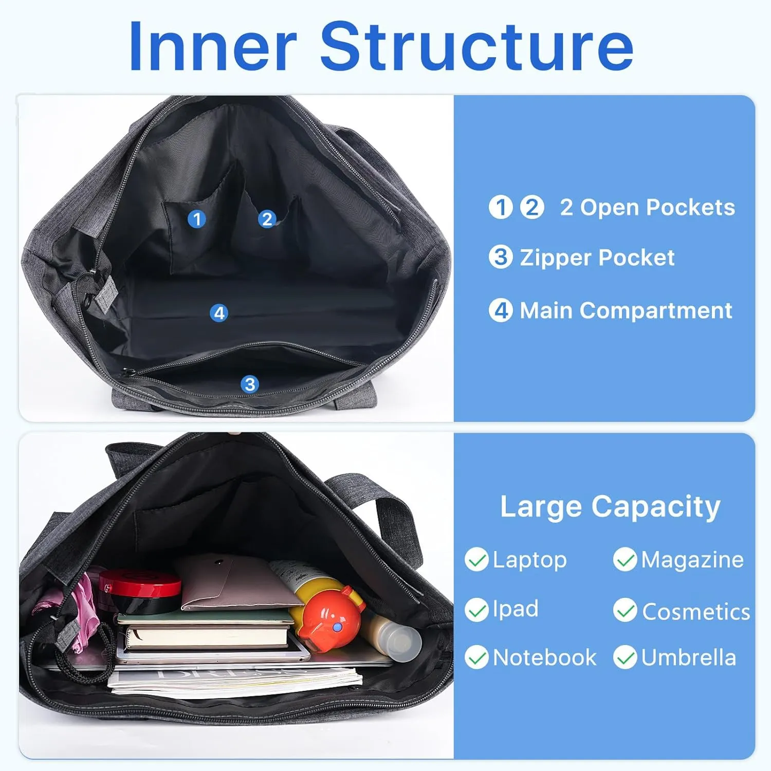 Nylon Tote Bag for Women Large Capacity Shoulder Bag Top Handle Handbag with Zipper for Work College Travel Daily