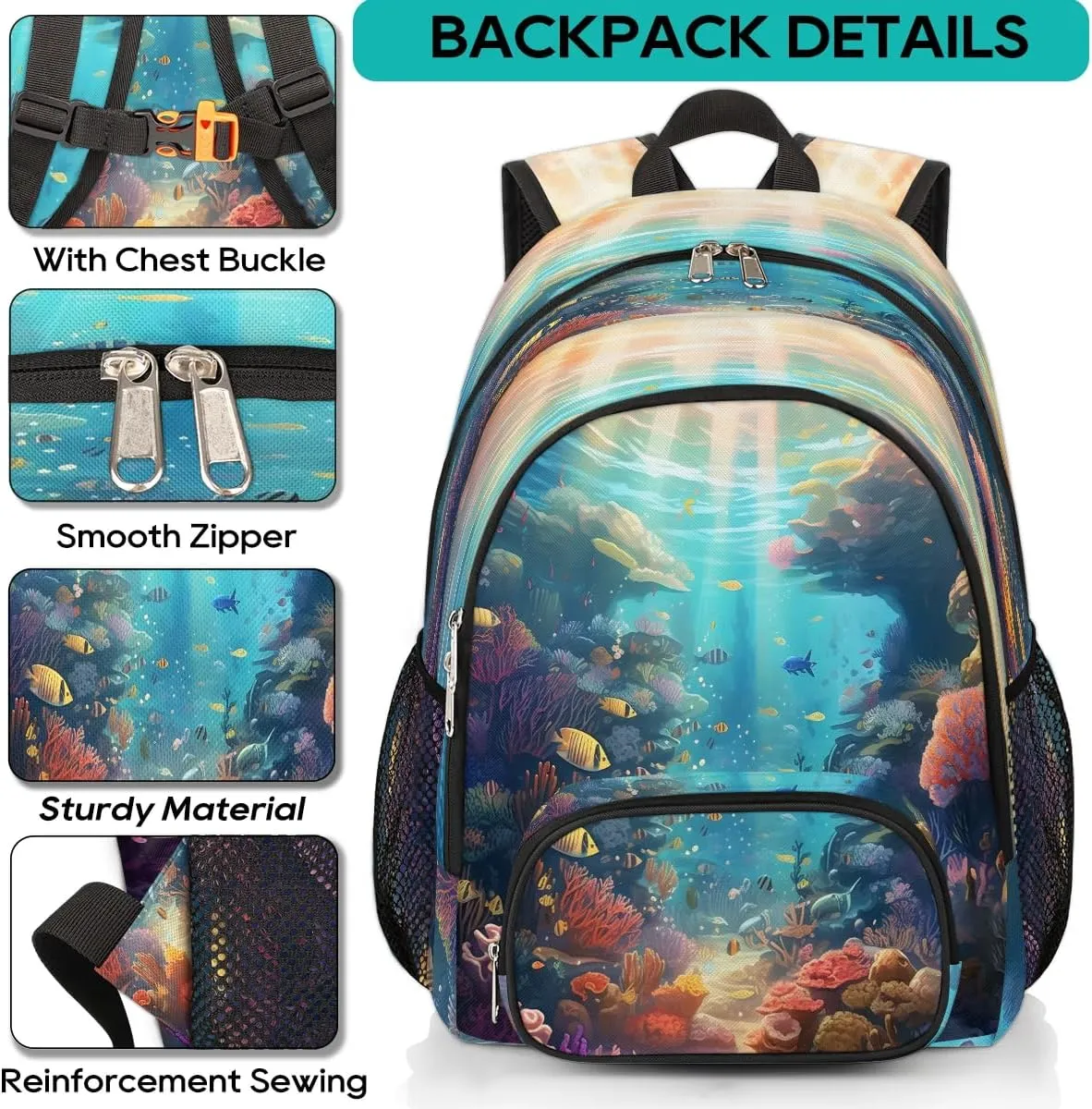Ocean Theme Backpack for Women Men Laptop Backpack Work Bag Travel Hiking Camping Casual Daypack