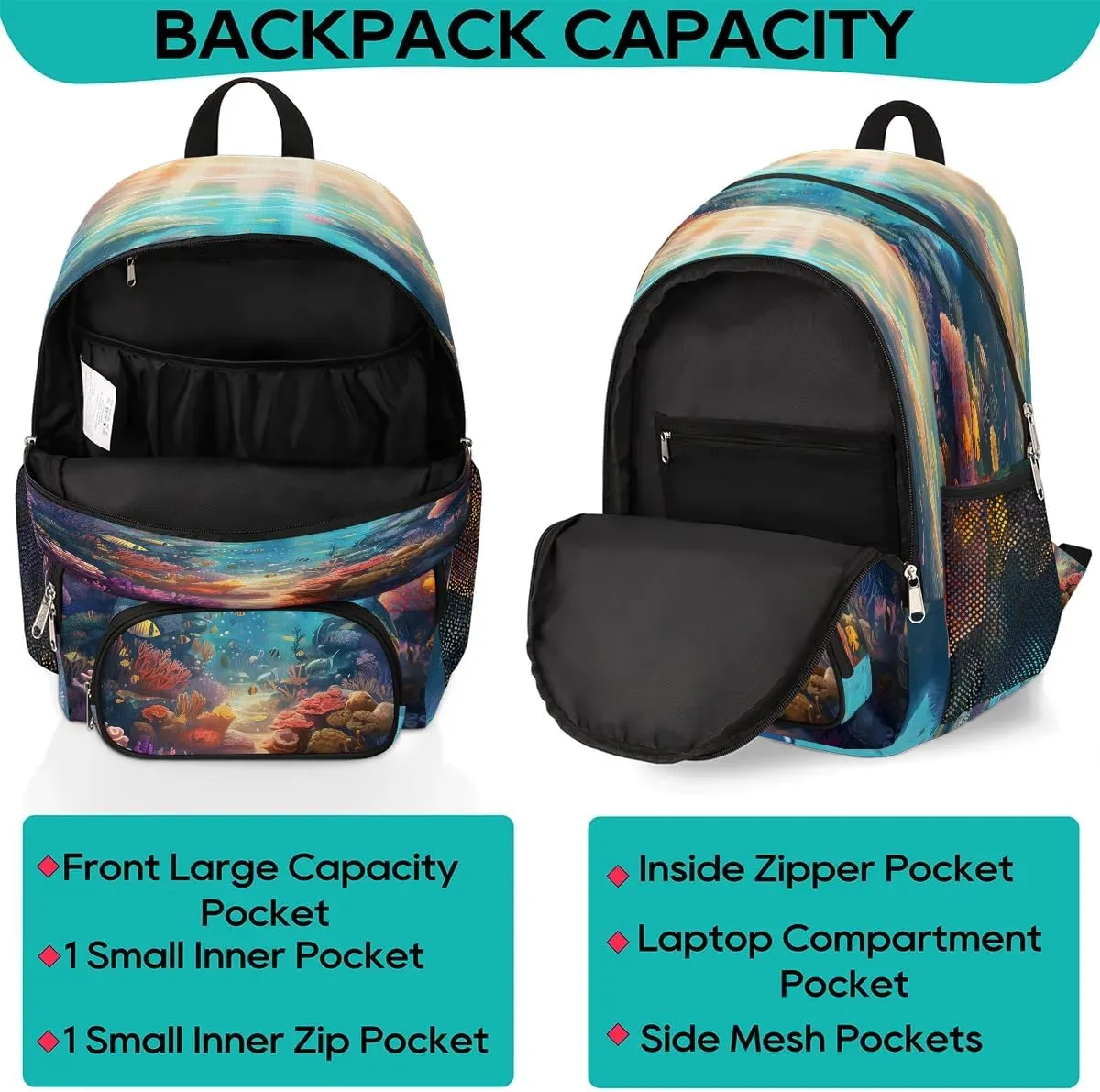 Ocean Theme Backpack for Women Men Laptop Backpack Work Bag Travel Hiking Camping Casual Daypack
