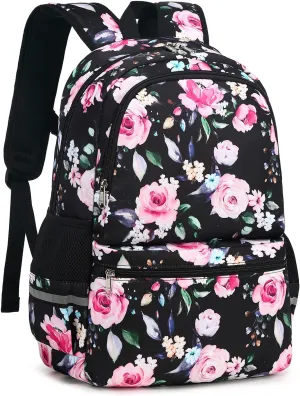 Octsky Kids Backpack for Girls Elementary School Bags Teens Childs Bookbags Cute Durable Travel Gifts Morrales Mochilas para Niñas de 4 5 6 7 8 9 Nños Floral Black