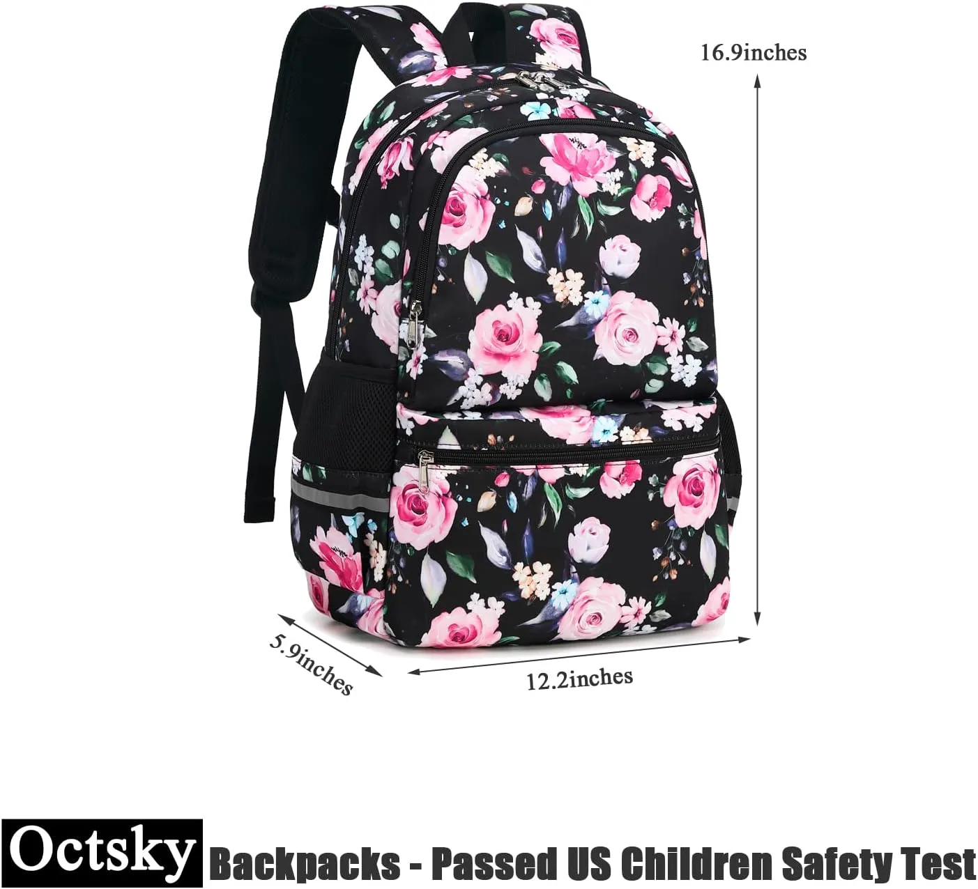 Octsky Kids Backpack for Girls Elementary School Bags Teens Childs Bookbags Cute Durable Travel Gifts Morrales Mochilas para Niñas de 4 5 6 7 8 9 Nños Floral Black