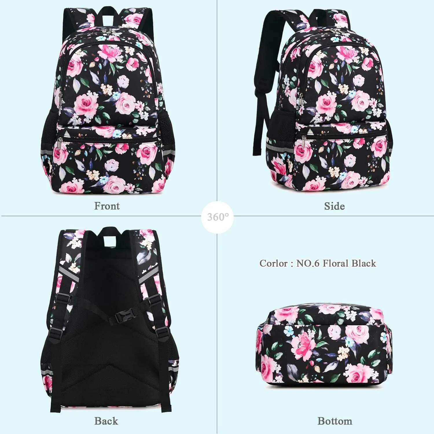 Octsky Kids Backpack for Girls Elementary School Bags Teens Childs Bookbags Cute Durable Travel Gifts Morrales Mochilas para Niñas de 4 5 6 7 8 9 Nños Floral Black