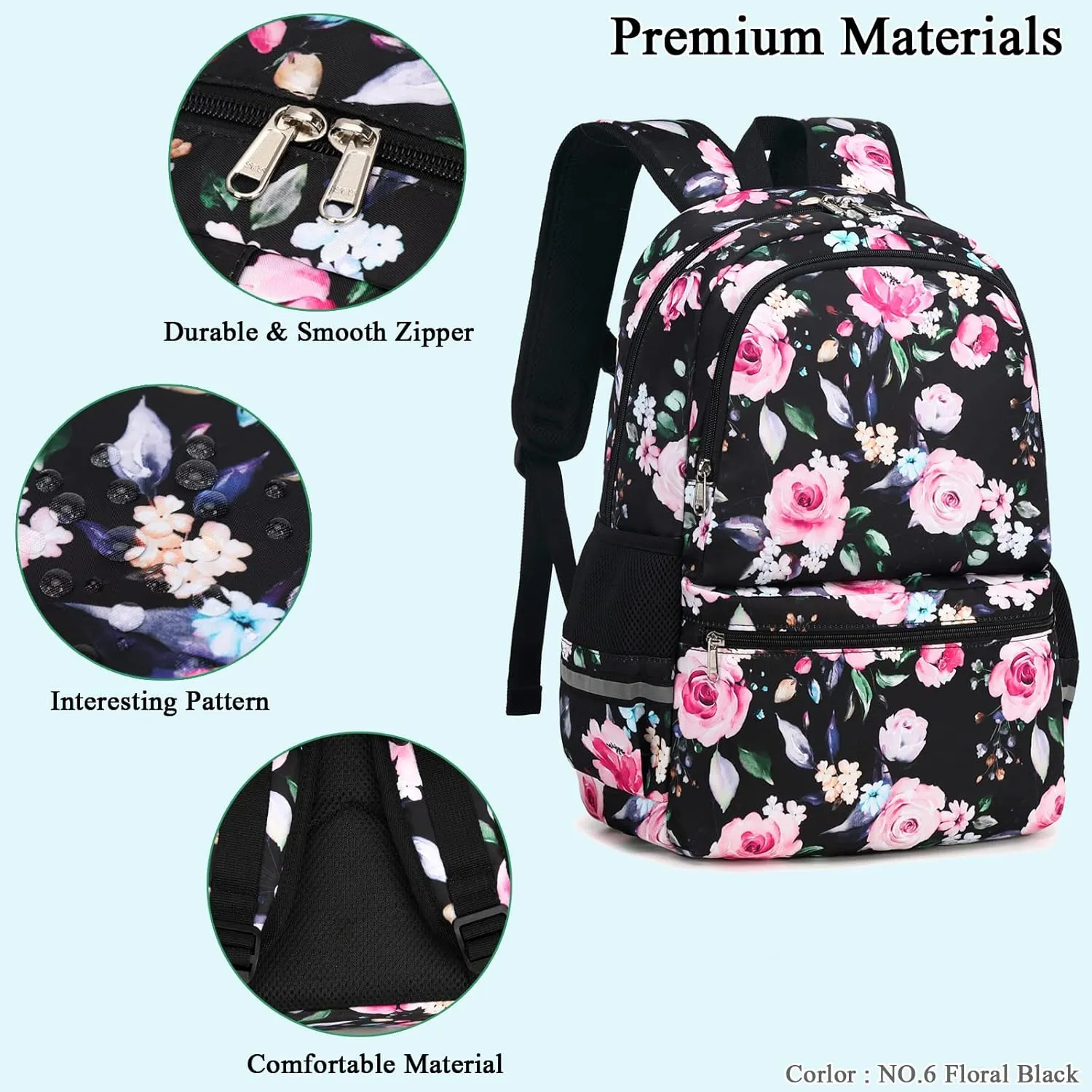 Octsky Kids Backpack for Girls Elementary School Bags Teens Childs Bookbags Cute Durable Travel Gifts Morrales Mochilas para Niñas de 4 5 6 7 8 9 Nños Floral Black