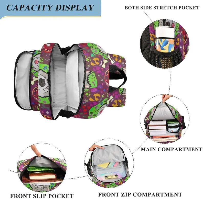ODAWA Dogs Colorful Circles Bones Bakcpack Preschool Elementary Kindergarten School Bag Kids Backpack Ages 6-12, 17 Inch