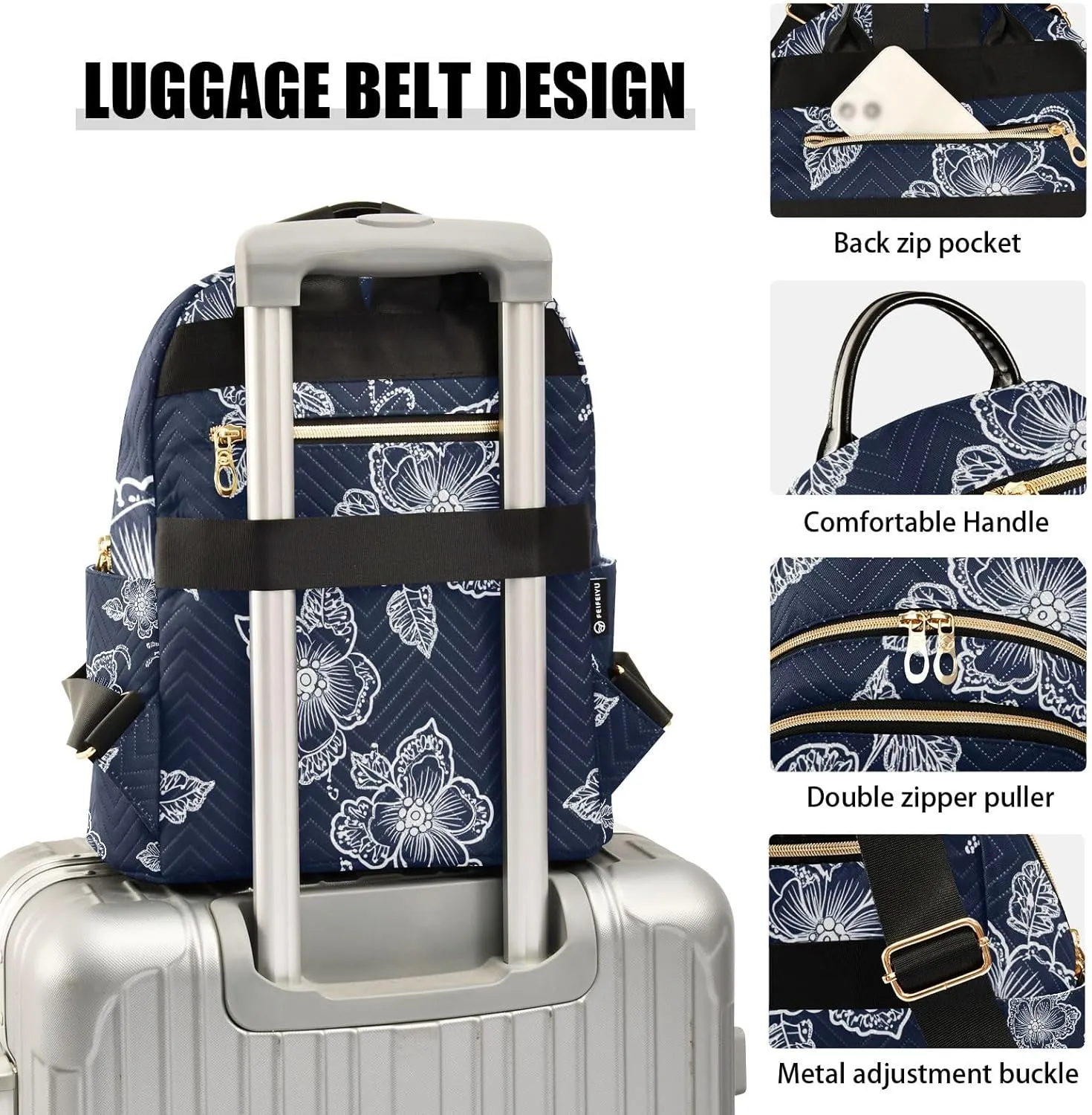 ODAWA Floral on Navy Blue Quilted Backpack Mini Purse Backpack for Women Travel Purse