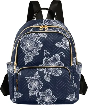 ODAWA Floral on Navy Blue Quilted Backpack Mini Purse Backpack for Women Travel Purse