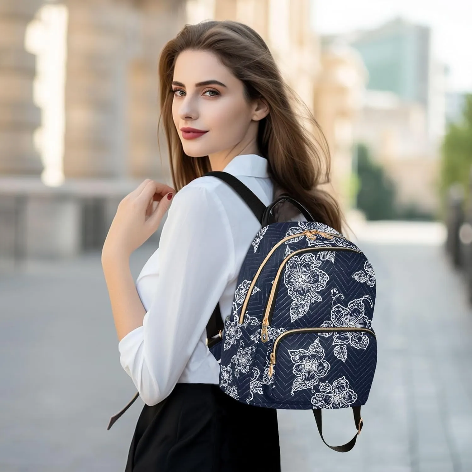 ODAWA Floral on Navy Blue Quilted Backpack Mini Purse Backpack for Women Travel Purse