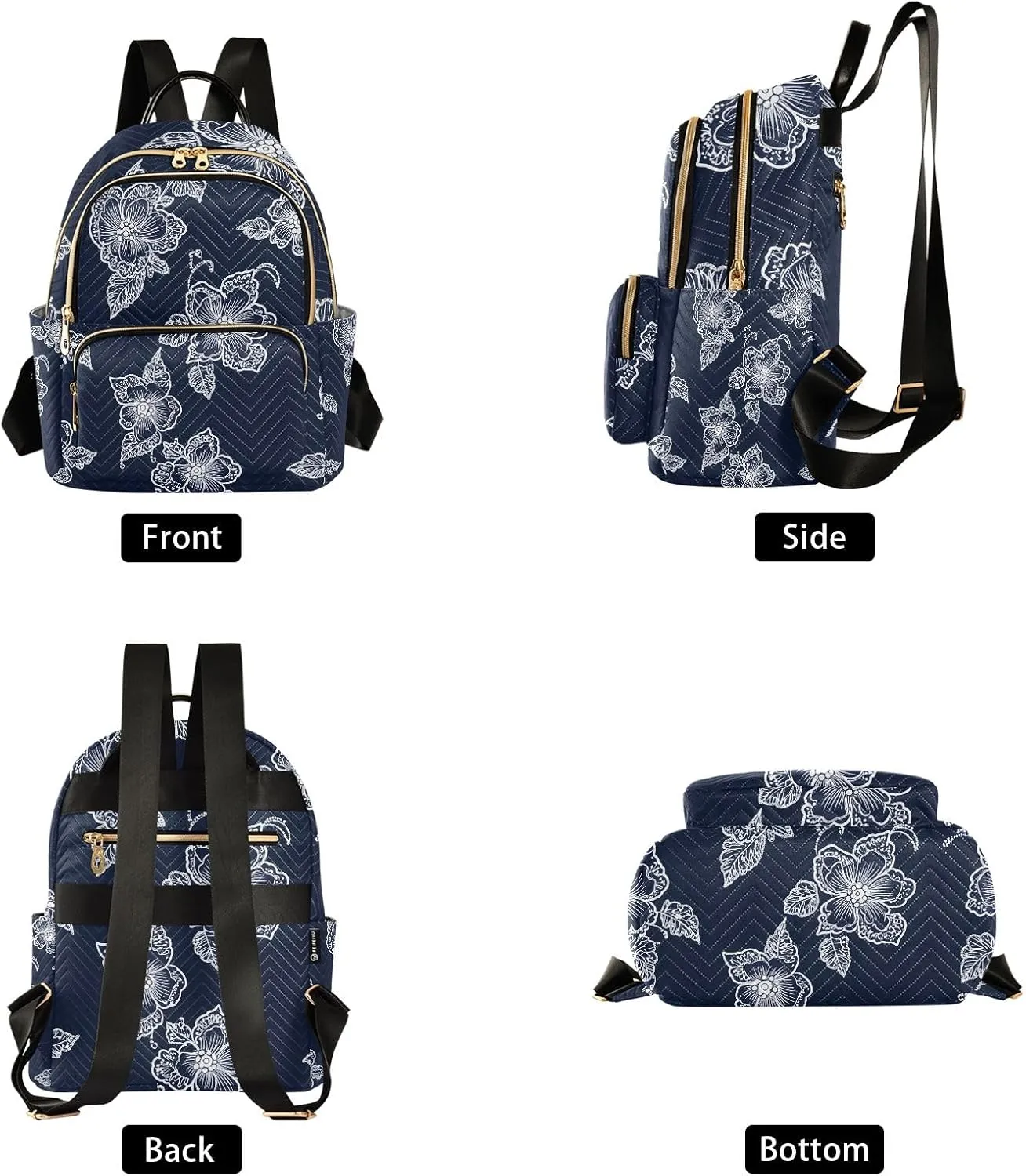 ODAWA Floral on Navy Blue Quilted Backpack Mini Purse Backpack for Women Travel Purse
