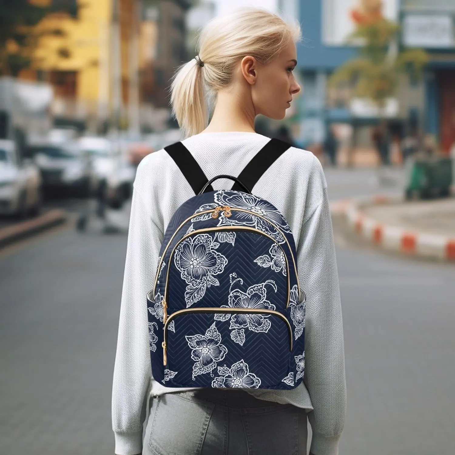 ODAWA Floral on Navy Blue Quilted Backpack Mini Purse Backpack for Women Travel Purse