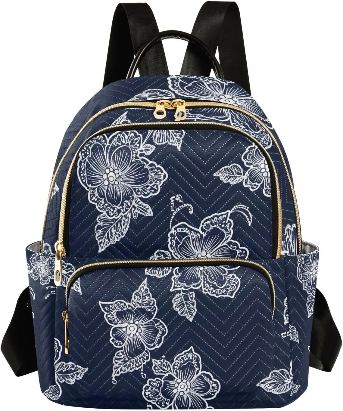 ODAWA Floral on Navy Blue Quilted Backpack Mini Purse Backpack for Women Travel Purse