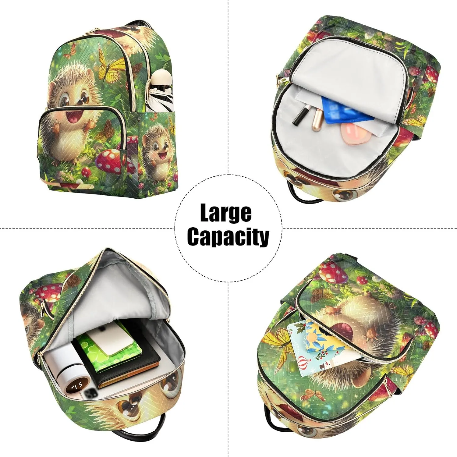 ODAWA Quilted Backpack Cartoon Hedgehog Mushrooms Aesthetic Mini Backpack Travel Backpack