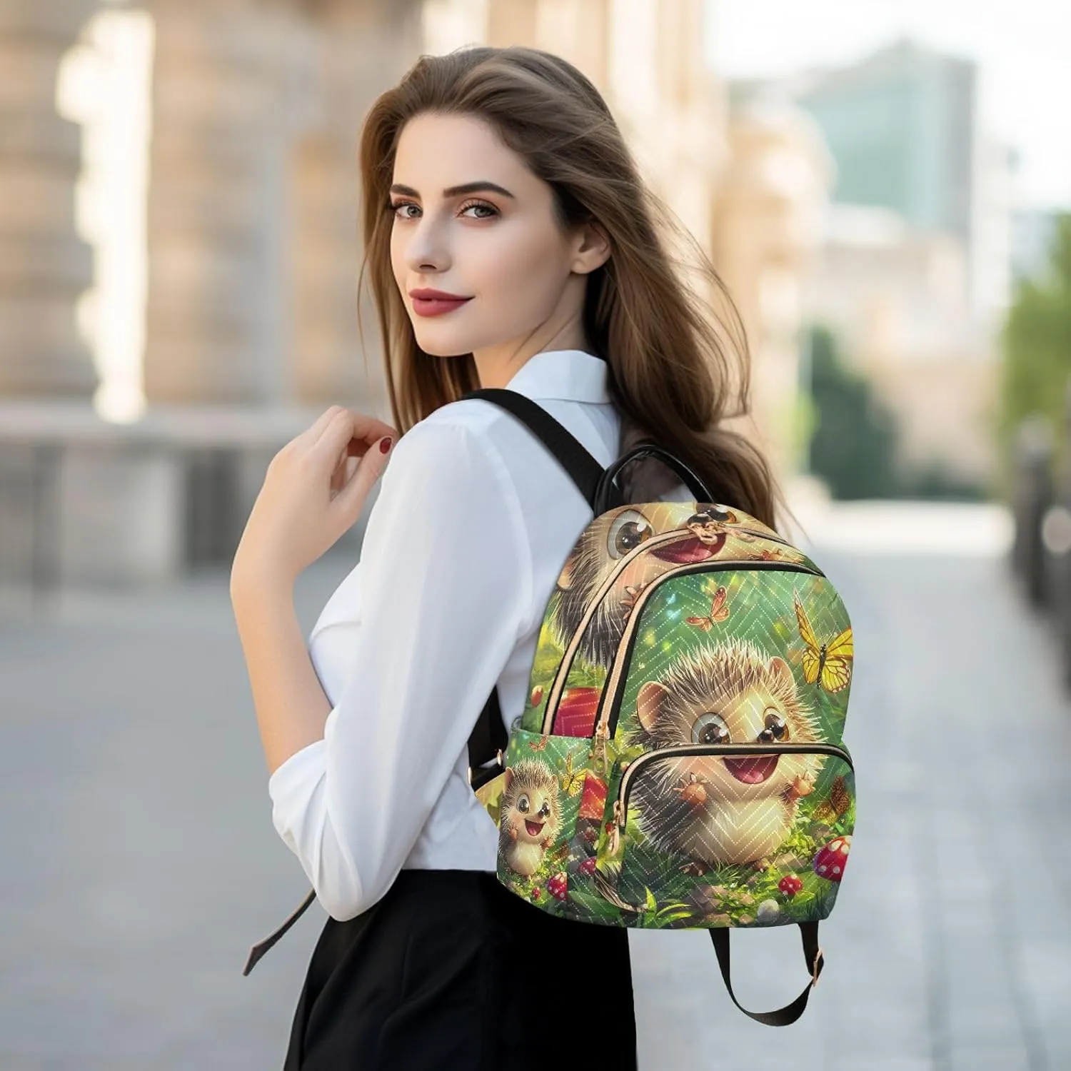 ODAWA Quilted Backpack Cartoon Hedgehog Mushrooms Aesthetic Mini Backpack Travel Backpack