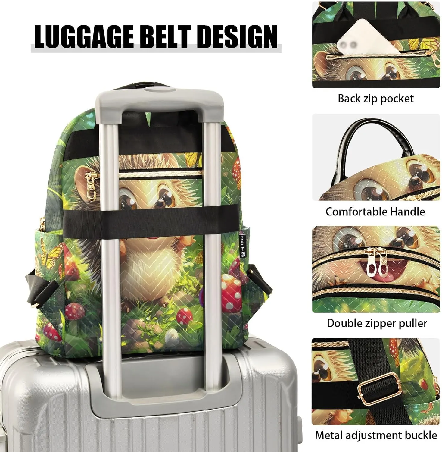 ODAWA Quilted Backpack Cartoon Hedgehog Mushrooms Aesthetic Mini Backpack Travel Backpack