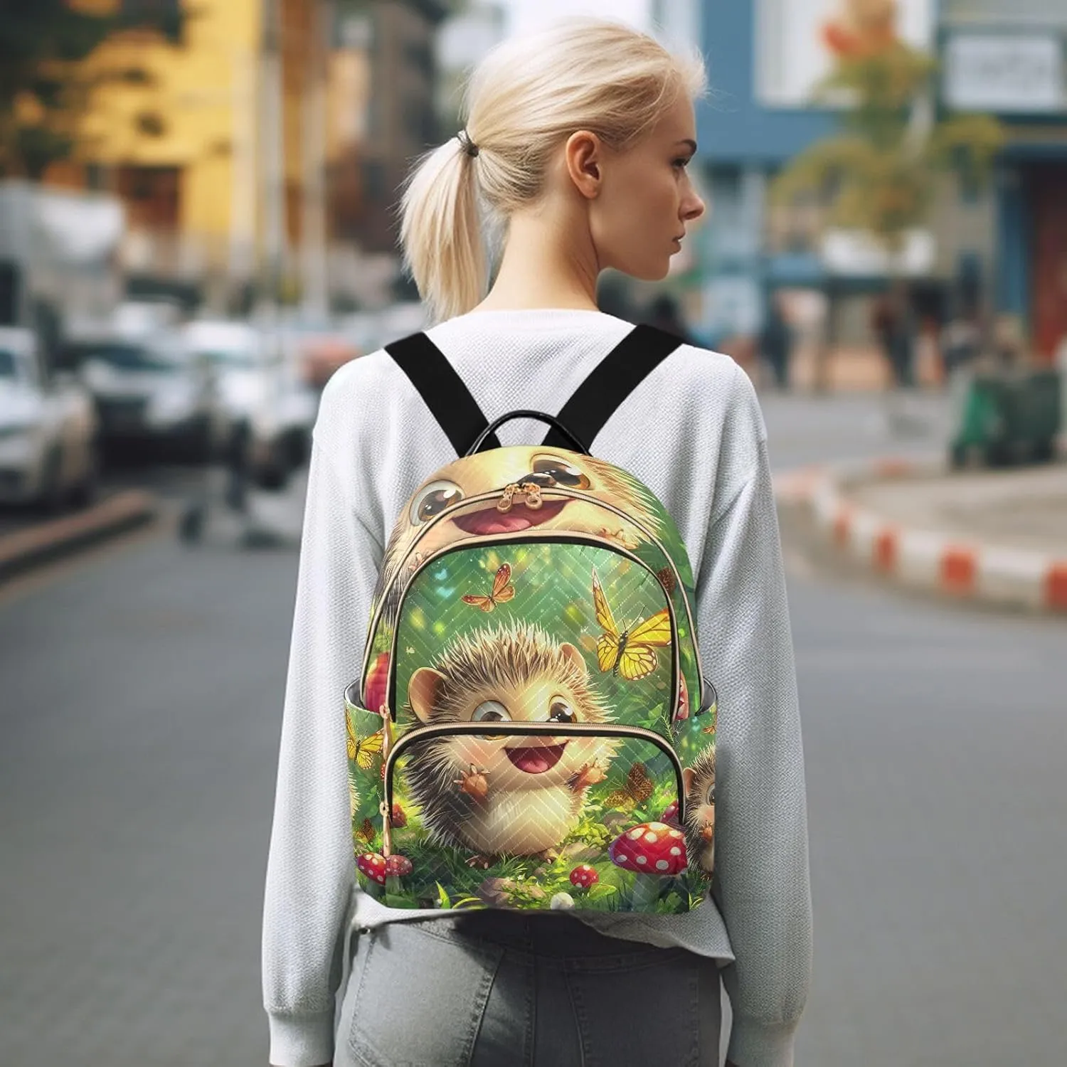 ODAWA Quilted Backpack Cartoon Hedgehog Mushrooms Aesthetic Mini Backpack Travel Backpack