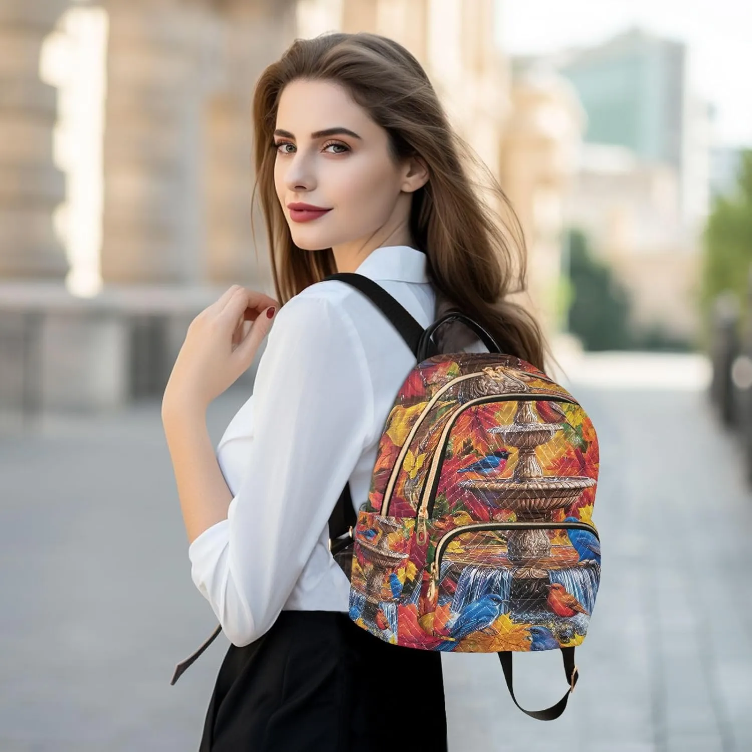 ODAWA Water Fountain Colorful Birds Womens Backpack Purses Quilted Ladies Travel Backpack