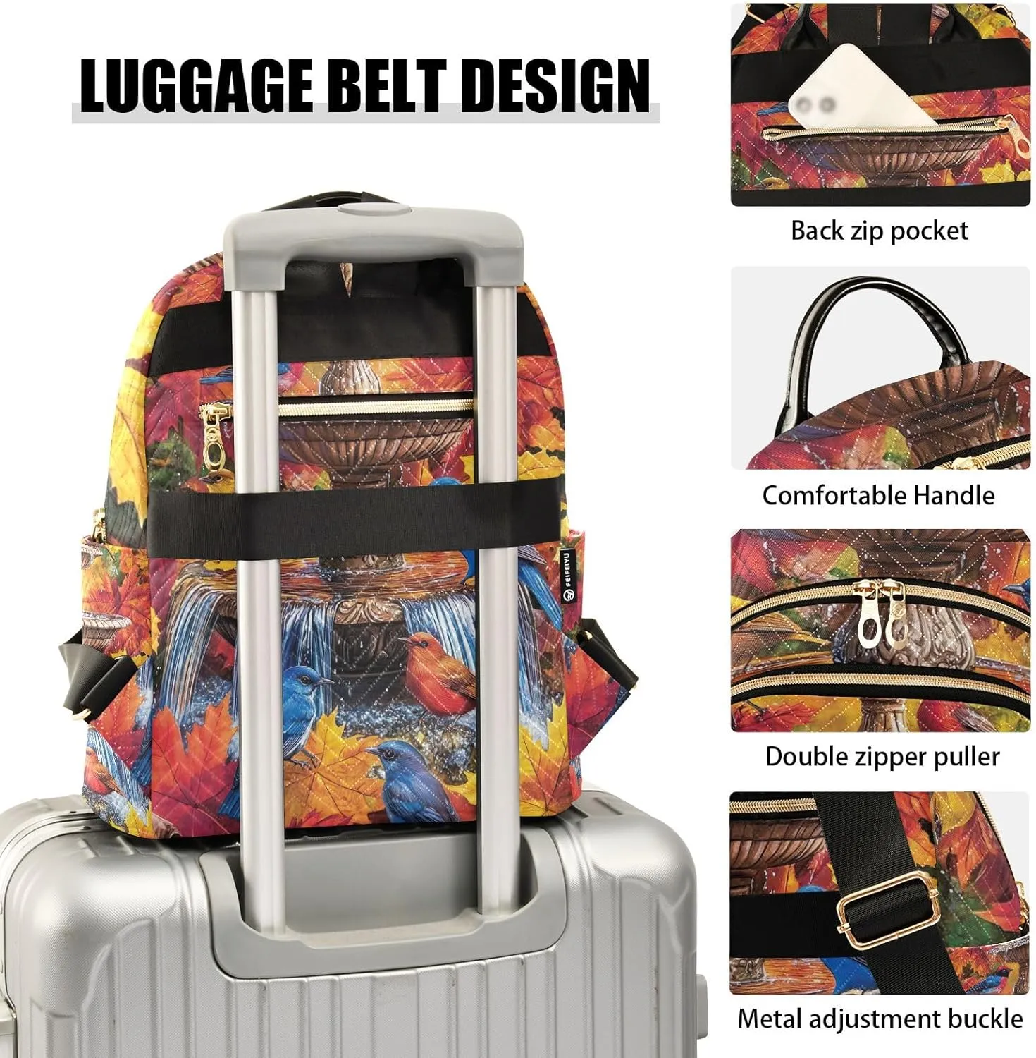ODAWA Water Fountain Colorful Birds Womens Backpack Purses Quilted Ladies Travel Backpack