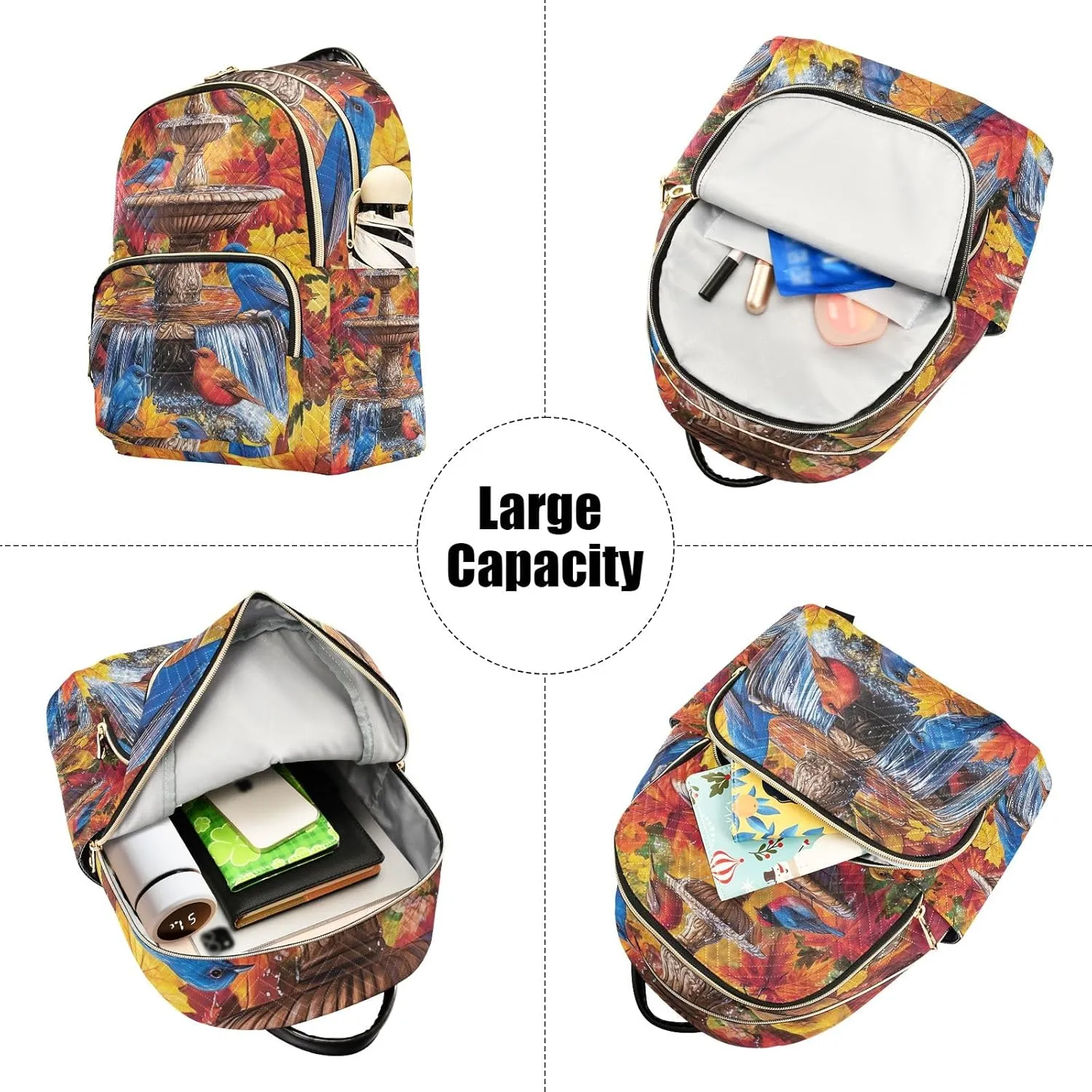 ODAWA Water Fountain Colorful Birds Womens Backpack Purses Quilted Ladies Travel Backpack