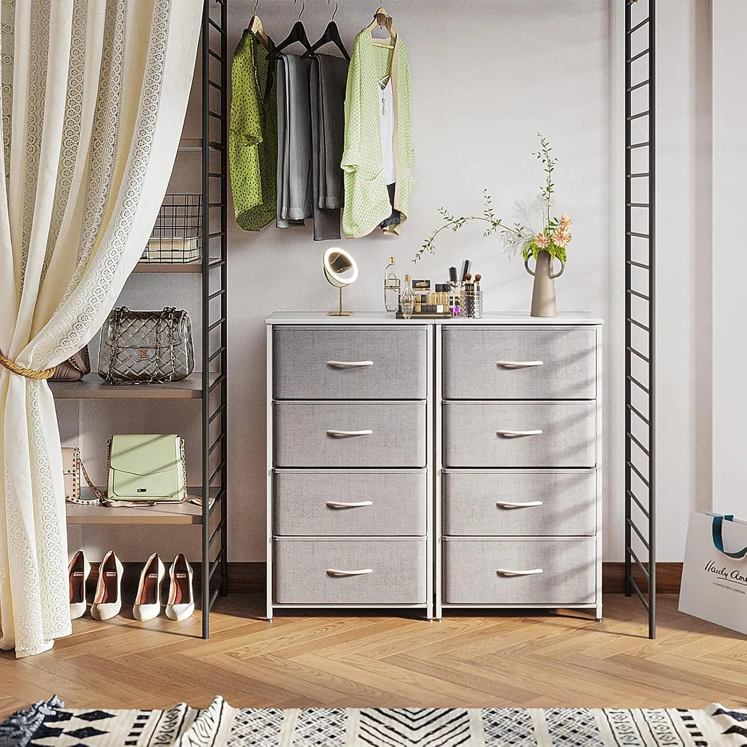 ODK Dresser for Bedroom with 4 Storage Drawers, Small Dresser Chest of Fabric Drawers with Sturdy Steel Frame, Wood Top, Light Grey