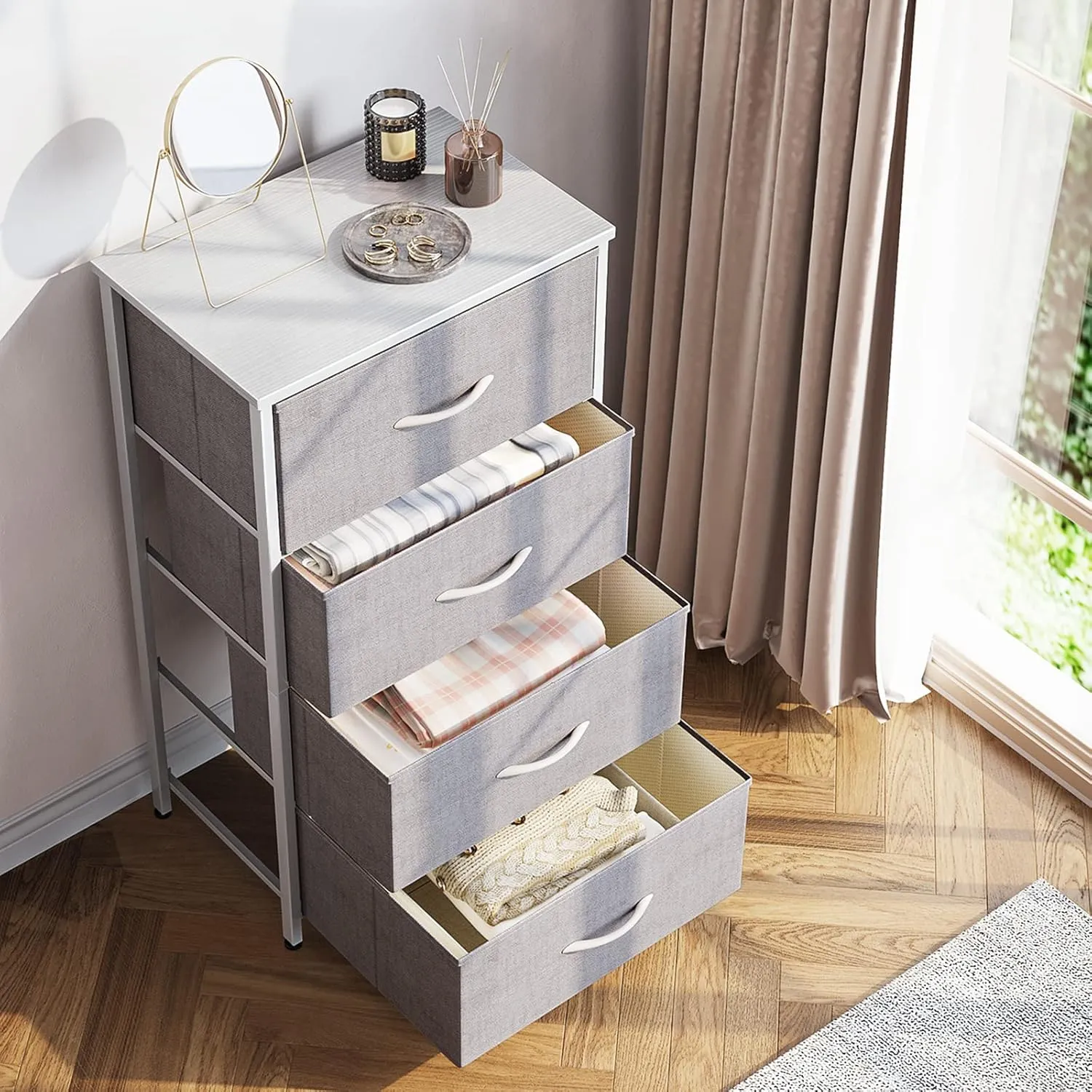 ODK Dresser for Bedroom with 4 Storage Drawers, Small Dresser Chest of Fabric Drawers with Sturdy Steel Frame, Wood Top, Light Grey