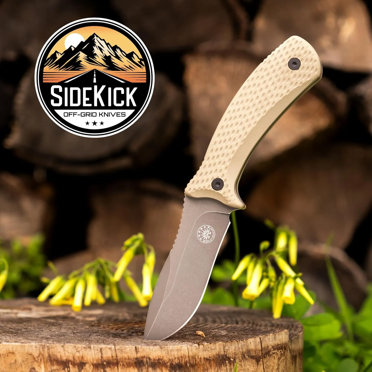 Off-Grid Knives SIDEKICK - Compact EDC Fixed Blade Knife, Scout and Vertical Carry, Sandvik 14C28N Steel, G10 Handle, Kydex Sheath, 360° Rotating Belt Clip, Camping, Fishing, Hunting, Boating (Coyote)
