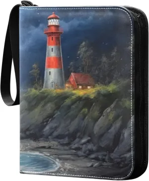 Oil Painting Lighthouse Card Binder 4-Pocket, 400 Pockets PU Waterproof Zippered Collector Card Album with 50 Removable Sleeves for Trading, Game Cards