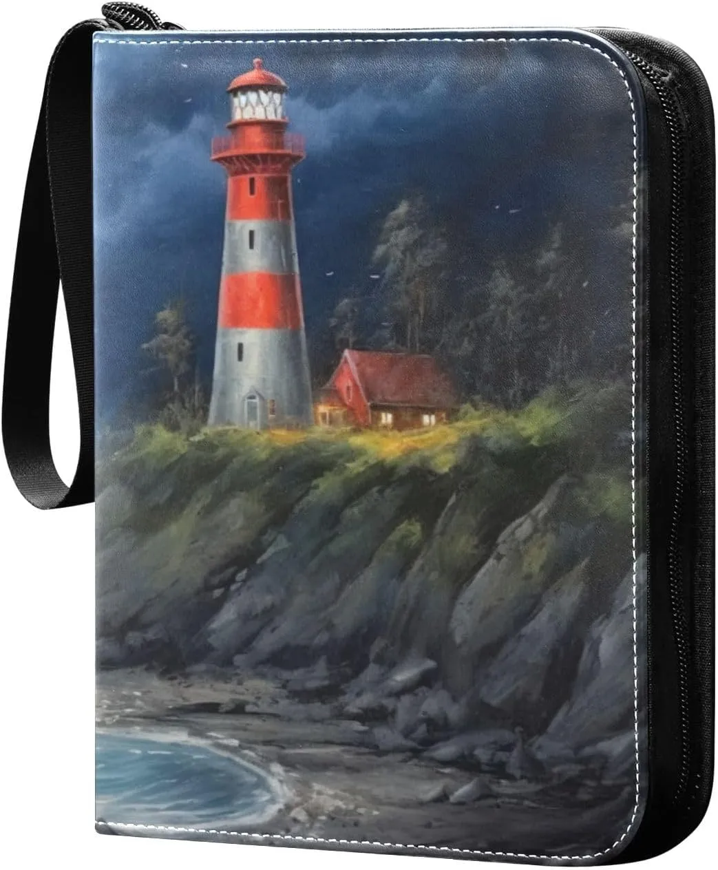 Oil Painting Lighthouse Card Binder 4-Pocket, 400 Pockets PU Waterproof Zippered Collector Card Album with 50 Removable Sleeves for Trading, Game Cards